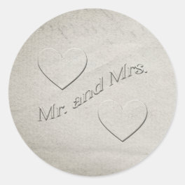 Mr and Mrs Embossed Design with Hearts Classic Round Sticker