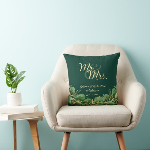 Mr and Mrs Emerald Green Eucalyptus Wedding Throw Pillow