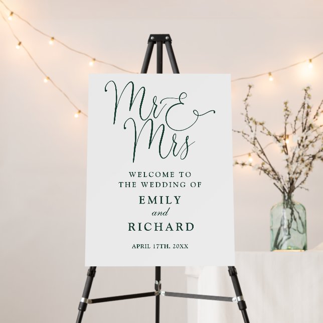 Mr And Mrs Emerald Green Wedding Welcome Sign (In Situ (Stand))