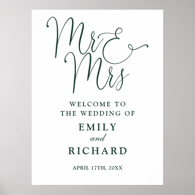 Mr And Mrs Emerald Green Wedding Welcome Sign (Front)