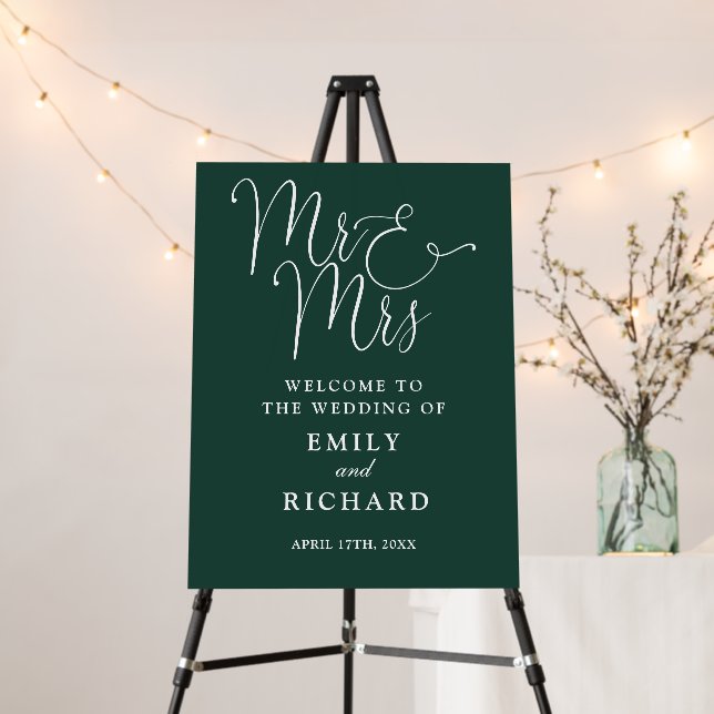Mr And Mrs Emerald Green Wedding Welcome Sign (In Situ (Stand))
