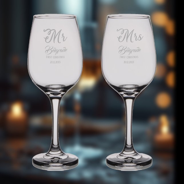 Mr and Mrs Family Name First Christmas Minimalist  Wine Glass (Mr and Mrs Family Name First Christmas Minimalist Wine Glass
)