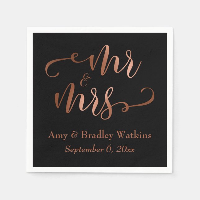 "Mr and Mrs" Faux Copper Script on Black, Wedding Napkins (Front)