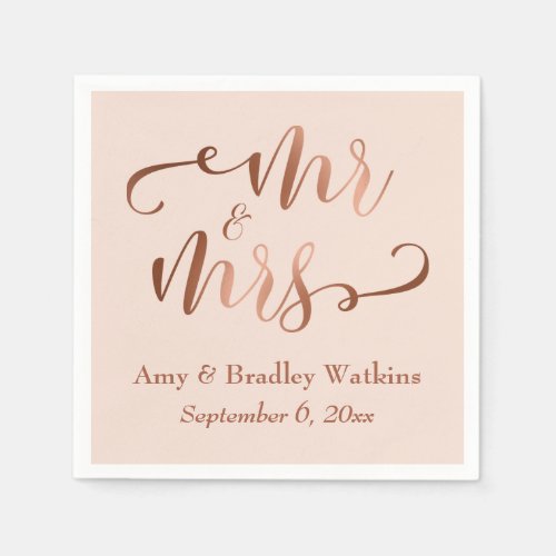 Mr and Mrs Faux Copper Script on Blush Pink Paper Napkins