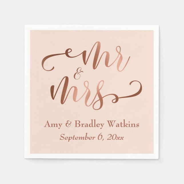 "Mr and Mrs" Faux Copper Script on Blush Pink Paper Napkins (Front)