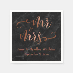 "Mr and Mrs" Faux Copper Script over Black Marble Napkins