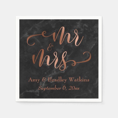 Mr and Mrs Faux Copper Script over Black Marble Napkins