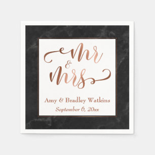 "Mr and Mrs" Faux Copper Script over Black Marble Paper Napkins
