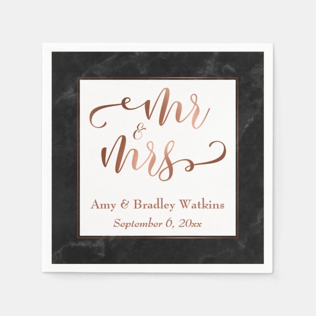 "Mr and Mrs" Faux Copper Script over Black Marble Paper Napkins (Front)