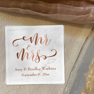 "Mr and Mrs" Faux Copper Script over White Marble Paper Napkins