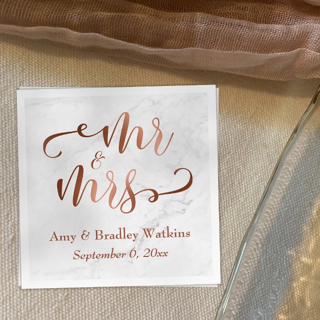 "Mr and Mrs" Faux Copper Script over White Marble Paper Napkins (Creator Uploaded)