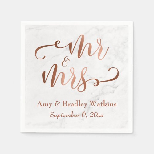 Mr and Mrs Faux Copper Script over White Marble Paper Napkins