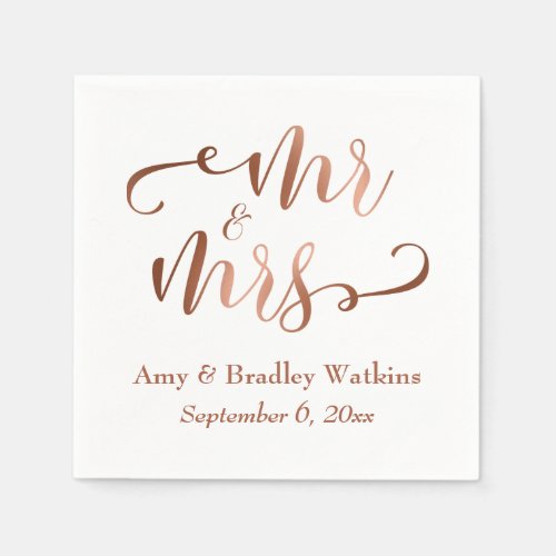 Mr and Mrs Faux Copper Typography Wedding Paper Napkins