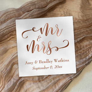 "Mr and Mrs" Faux Copper Typography Wedding Paper Napkins