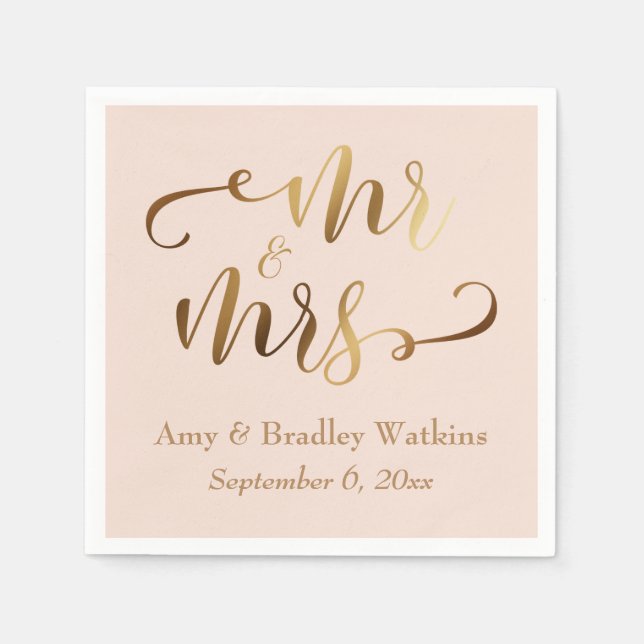 "Mr and Mrs" Faux Gold Foil Script on Blush Pink Paper Napkins (Front)