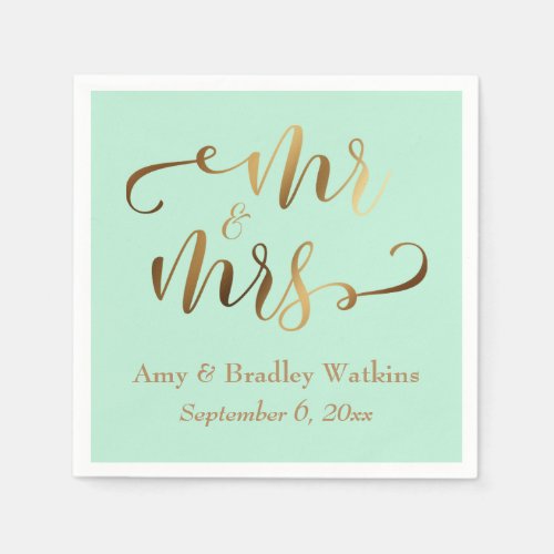 Mr and Mrs Faux Gold Foil Script on Mint Napkins