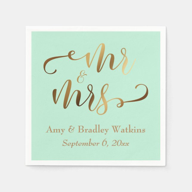 "Mr and Mrs" Faux Gold Foil Script on Mint Napkins (Front)