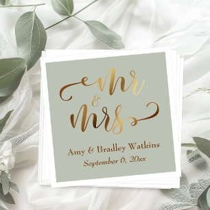 "Mr and Mrs" Faux Gold Foil Script on Sage Green Napkins