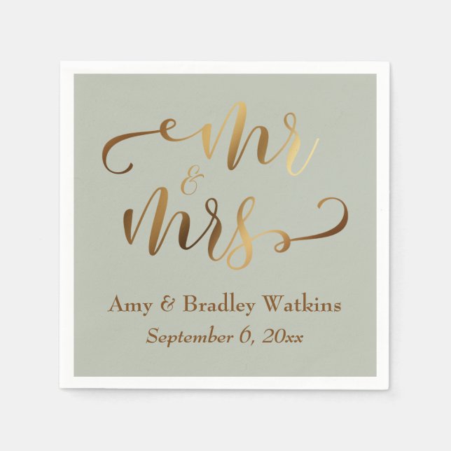"Mr and Mrs" Faux Gold Foil Script on Sage Green Napkins (Front)