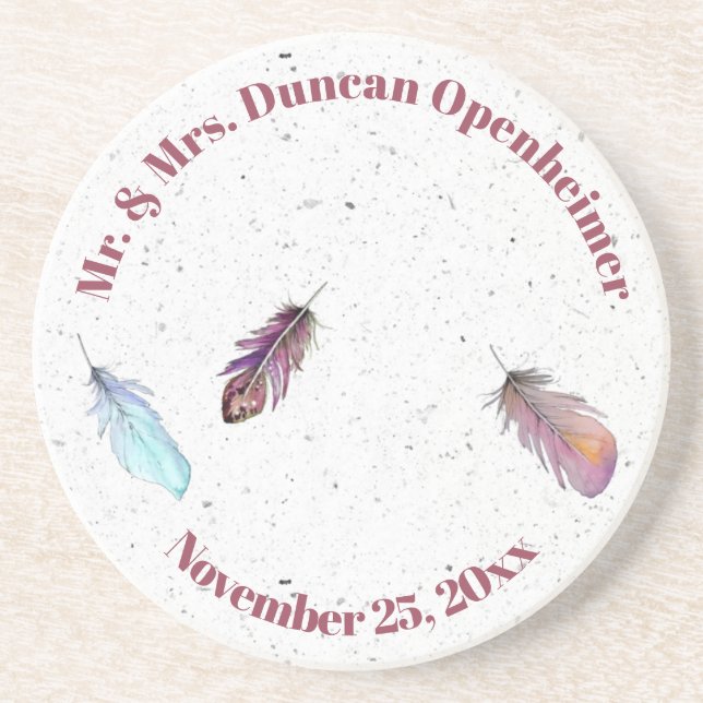 Mr. and Mrs. Feather Design with Name Date   Coaster (Front)