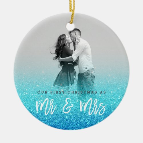 Mr and Mrs first Christmas blue glitter photo Ceramic Ornament