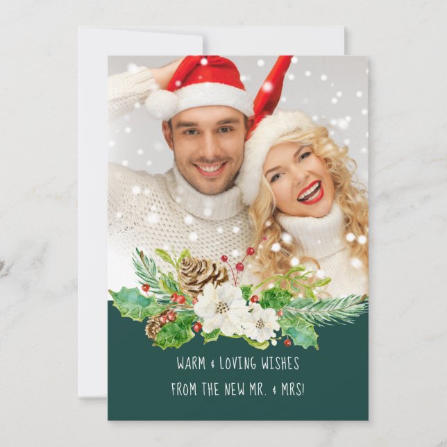 Mr and Mrs First Christmas Forest Green Gold Photo Holiday Card (Front)