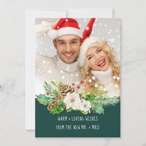 Mr and Mrs First Christmas Forest Green Gold Photo Holiday Card