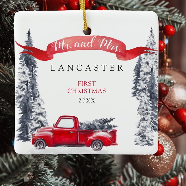 Mr. and Mrs. First Christmas Holiday Red Truck Ceramic Ornament (Creator Uploaded)