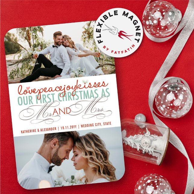 Mr And Mrs First Christmas Photo Collage Wedding Magnet (Love Peace Joy Kisses Our First Christmas As Mr And Mrs 3 Photo Holiday Wedding Flexible Magnet)