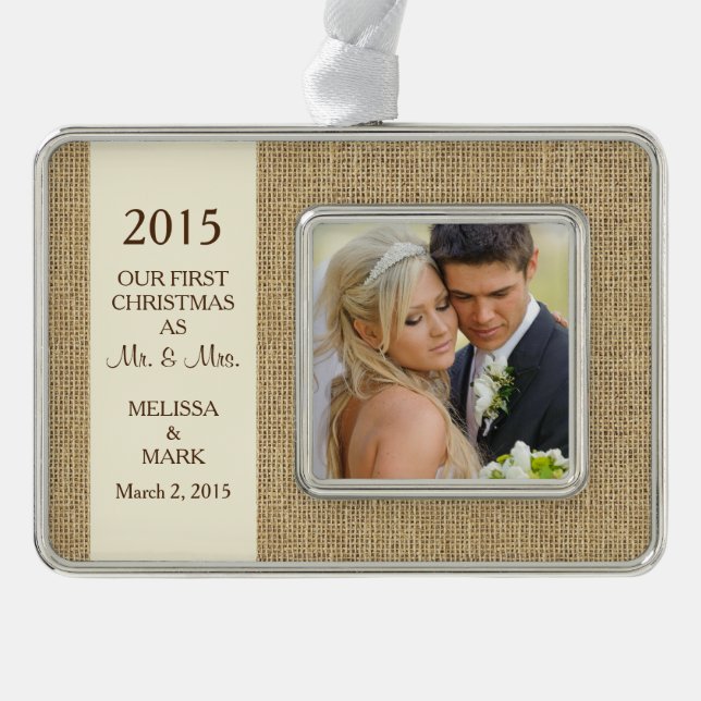 Mr and Mrs First Christmas Photo Rustic Burlap Ornament (Front)