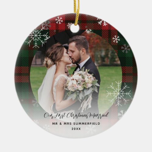 Mr and Mrs First Christmas Plaid Rustic Holiday Ceramic Ornament
