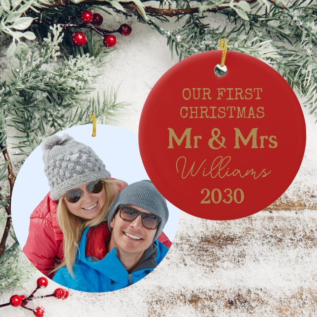 Mr And Mrs First Christmas Red And Gold Photo Ceramic Ornament (Back And Front)