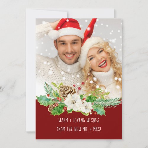 Mr and Mrs First Christmas Red Burgundy Gold Photo Holiday Card
