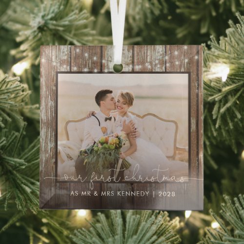 Mr and Mrs First Christmas Rustic Wood and Lights  Glass Ornament