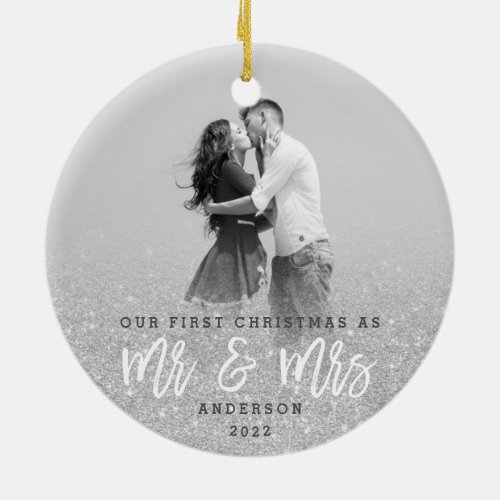 Mr and Mrs first Christmas silver glitter photo Ceramic Ornament