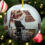 Mr and Mrs First Married Christmas Custom Photo Ceramic Ornament<br><div class="desc">Celebrate your first holiday as newlyweds with our Mr. and Mrs. First Married Christmas Custom Photo Ceramic Ornament,  featuring an elegant script and a modern design. Personalize it with your favorite photo to create a beautiful keepsake,  perfect for commemorating your first Christmas together as a married couple!</div>