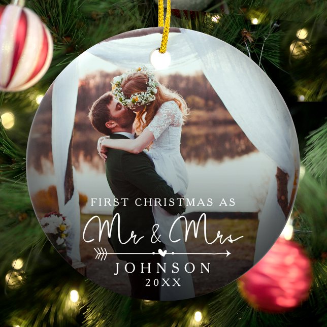 Mr and Mrs First Married Christmas Custom Photo Ceramic Ornament (Creator Uploaded)