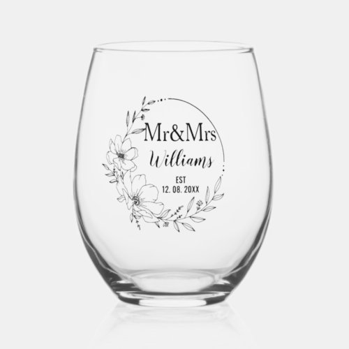 Mr And Mrs Floral Anniversary Family Name Est Stemless Wine Glass