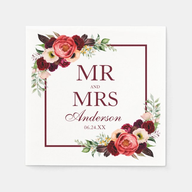 Mr. and Mrs. Floral Burgundy Boho Wedding Napkins (Front)