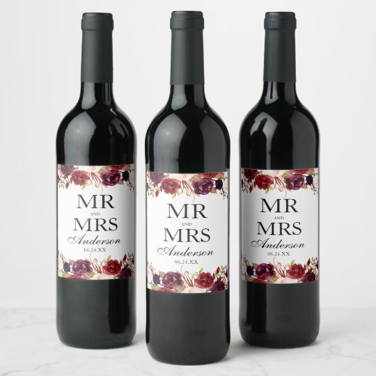 Mr. and Mrs. Floral Burgundy Wedding Wine Label | Zazzle.com