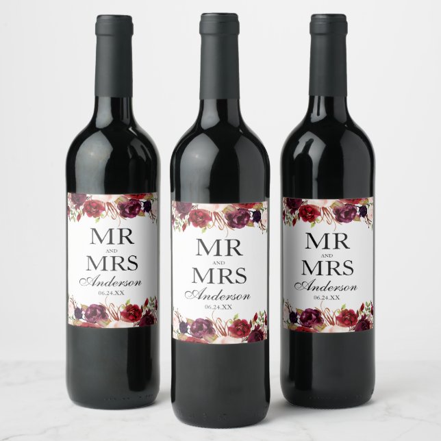 Mr. and Mrs. Floral Burgundy Wedding Wine Label (Bottles)