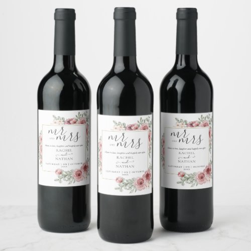 Mr And Mrs Floral Dusty Rose Cheers Wedding Wine Label