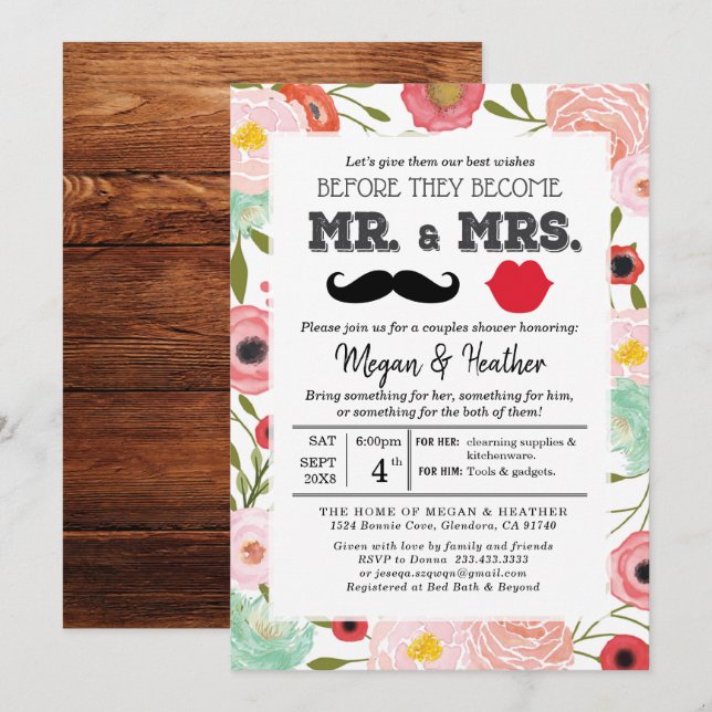 Mr and Mrs Fresh Pink Floral Couple Engagement Inv Invitation (Front/Back)