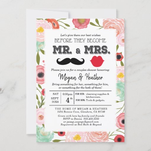 Mr and Mrs Fresh Pink Floral Couple Engagement Inv Invitation | Zazzle