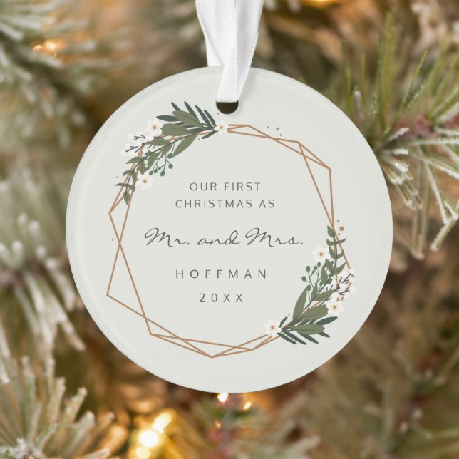 Mr and Mrs Geometric Photo Our First Christmas Ornament (Tree)
