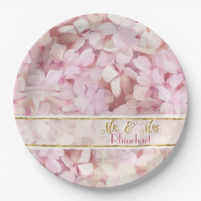 Mr. and Mrs. Glitter Softly Summer Pink Hydrangea Paper Plates (Front)