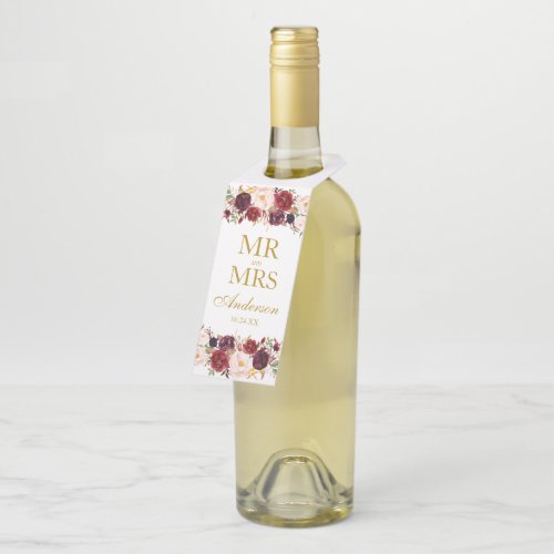Mr and Mrs Gold Burgundy Floral Wedding Bottle Hanger Tag