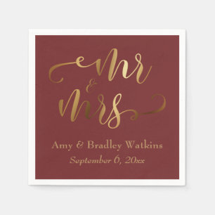 "Mr and Mrs" Gold Calligraphy on Burgundy Napkins