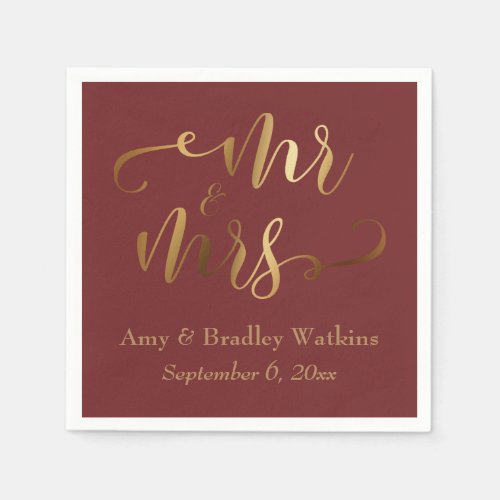 Mr and Mrs Gold Calligraphy on Burgundy Napkins