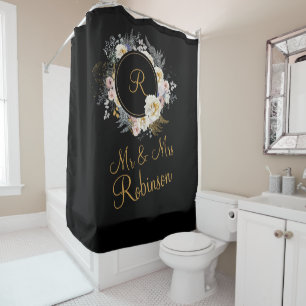Mr and Mrs Gold Floral On Black Monogram Wedding Shower Curtain